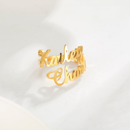 Custom name ring from Pink Lucky jewelry collection, showcasing a personalized silver band with engraved name design.