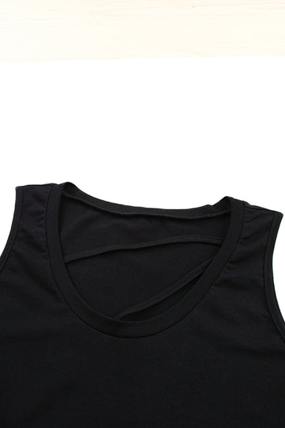 Black strappy hollow-out neck tank top by Harlequin Daisy, featuring a stylish cutout design and slim straps.