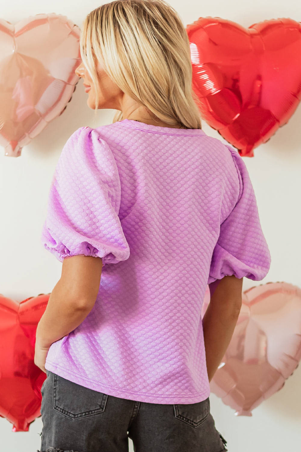 Carmine Juneberry Phalaenopsis solid textured O-neck puff sleeve blouse, stylish tops and blouses with elegant design.