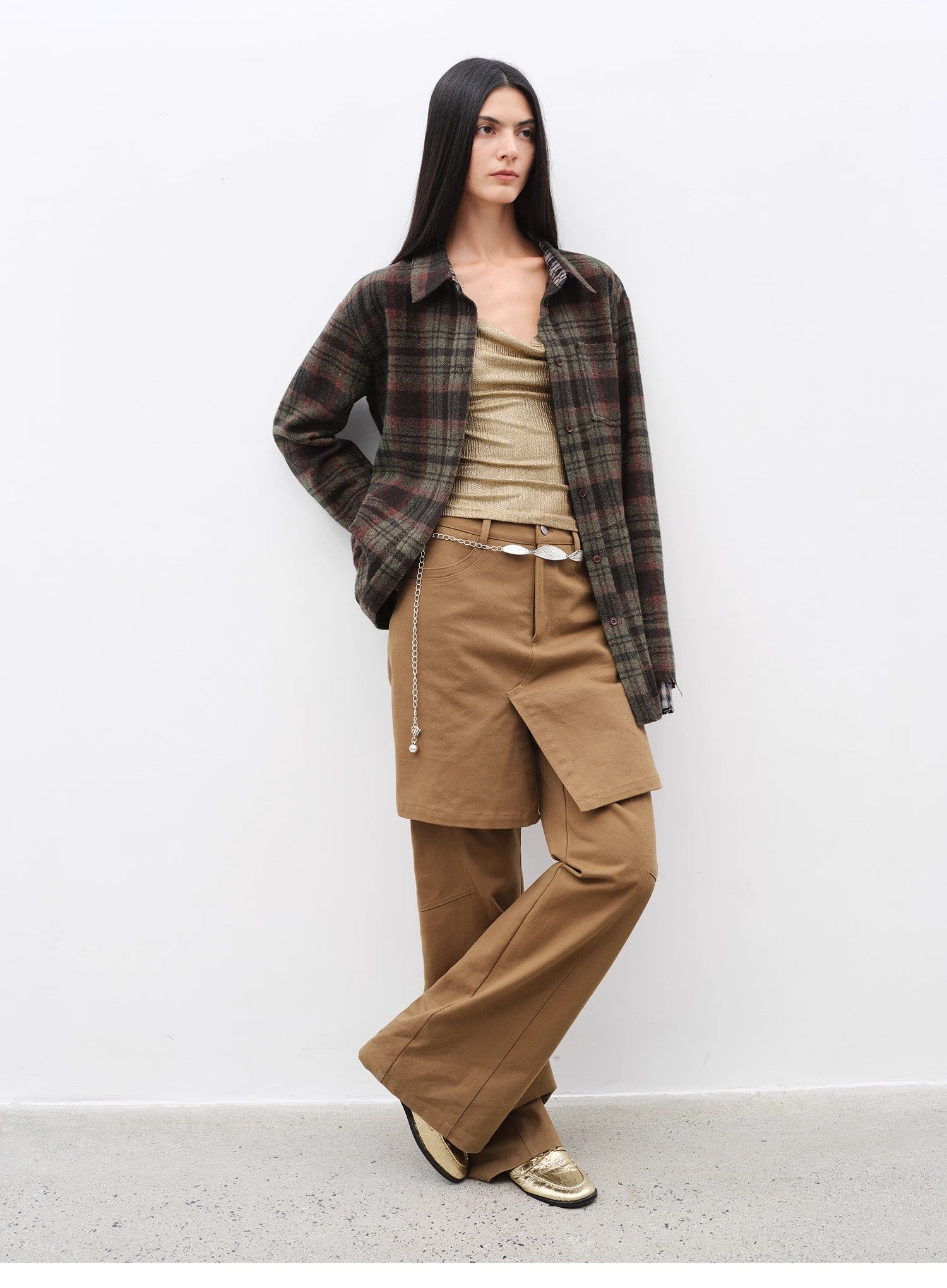 Brown Coeus Culotte Declaration retro split design twill jacket with faux two-piece style and brushed finish, shown in the image.