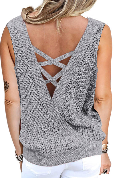 Gray crisscross hollow-out knit tank top for women by Lavender Pallas, featuring a stylish open weave and lightweight fabric.