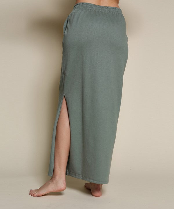 Brushed organic hemp side slit maxi skirt by Jade Icarus featuring a flowing silhouette and natural hemp fabric.