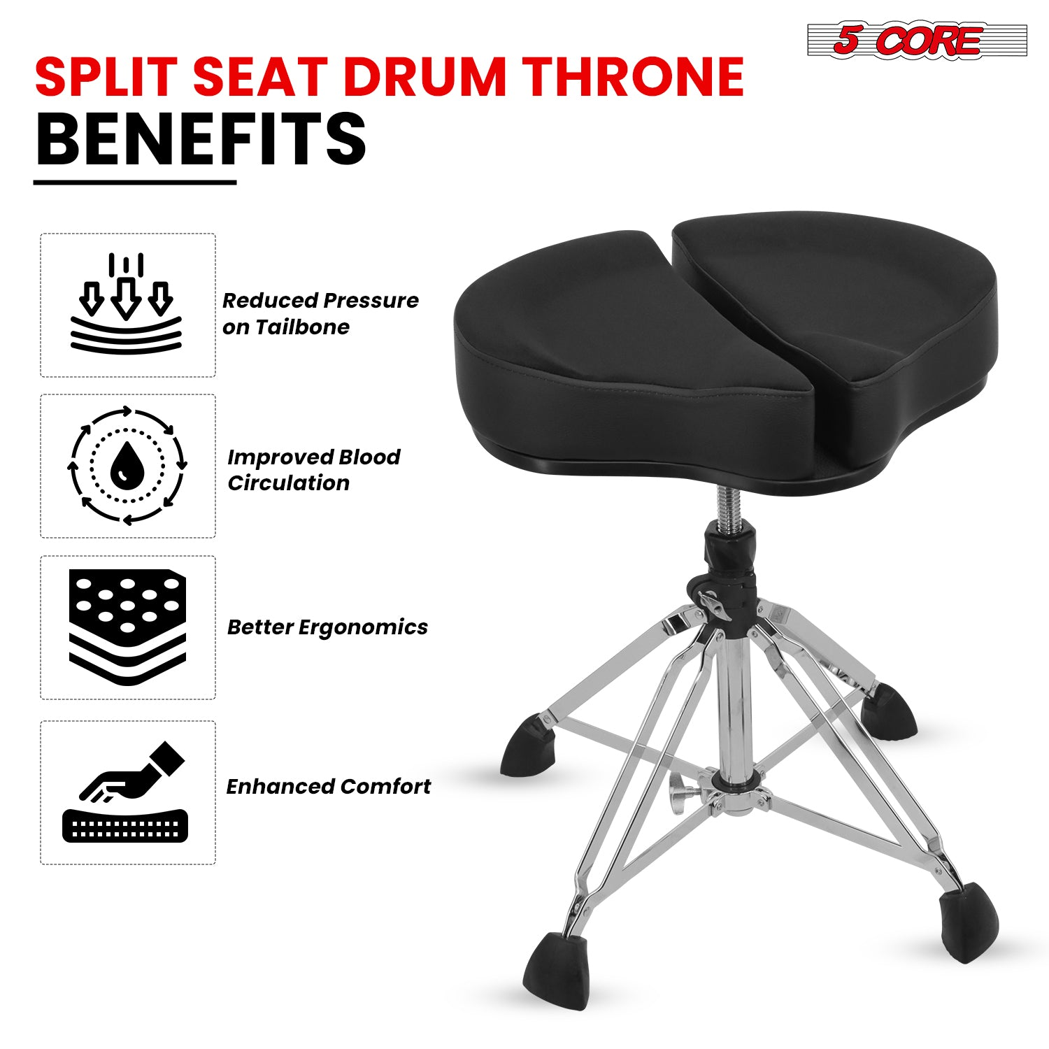 Start2Finish 5 Core Drum Throne with 4-inch padded seat, split spine support, four legs, and 441 lb capacity for drummers.