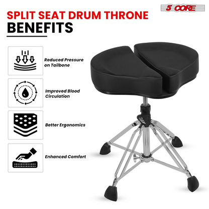 Start2Finish 5 Core Drum Throne with 4-inch padded seat, split spine support, four legs, and 441 lb capacity for drummers.