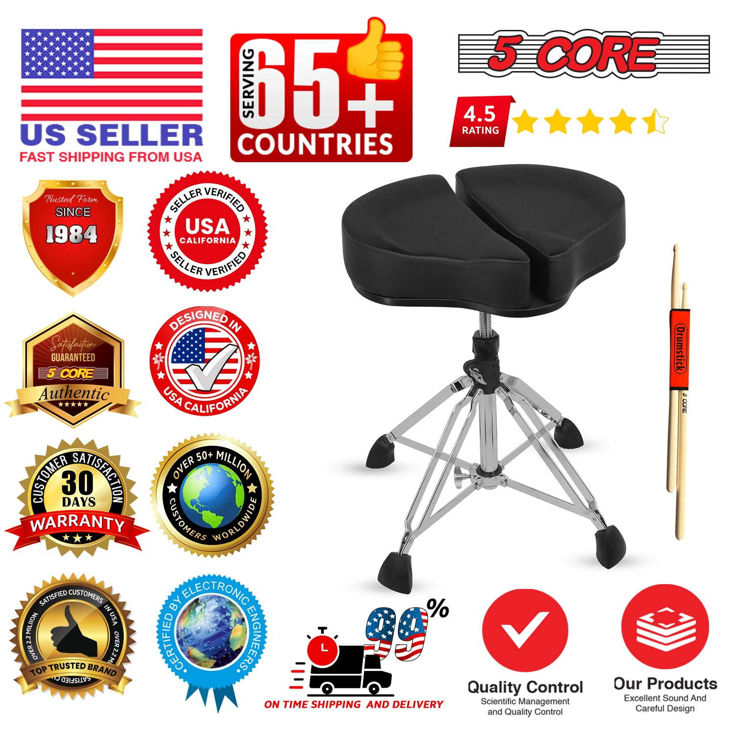 Start2Finish 5 Core Drum Throne with 4-inch padded seat, split spine support, 4-leg design, and 441 lb capacity for drummers.