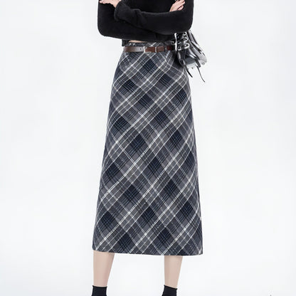 High waist mid-length woolen plaid skirt for women by Carmine Juneberry, featuring a classic checkered pattern and tailored fit.