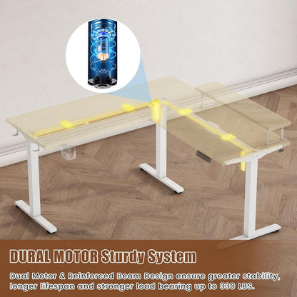 Electric LShaped Standing Work station With Drawers Maple