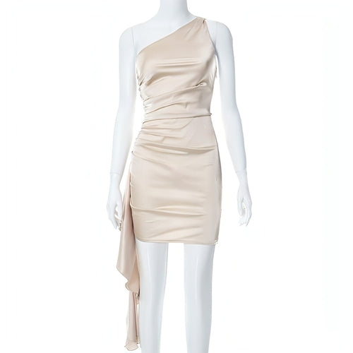 Carmine Juneberry sleeveless slim fit crossbody dress hanging on a mannequin, showcasing a modern, fitted design in a neutral color.