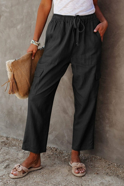 Jade Driven linen blend pocketed cargo pants for women, featuring a relaxed fit and multiple functional pockets.