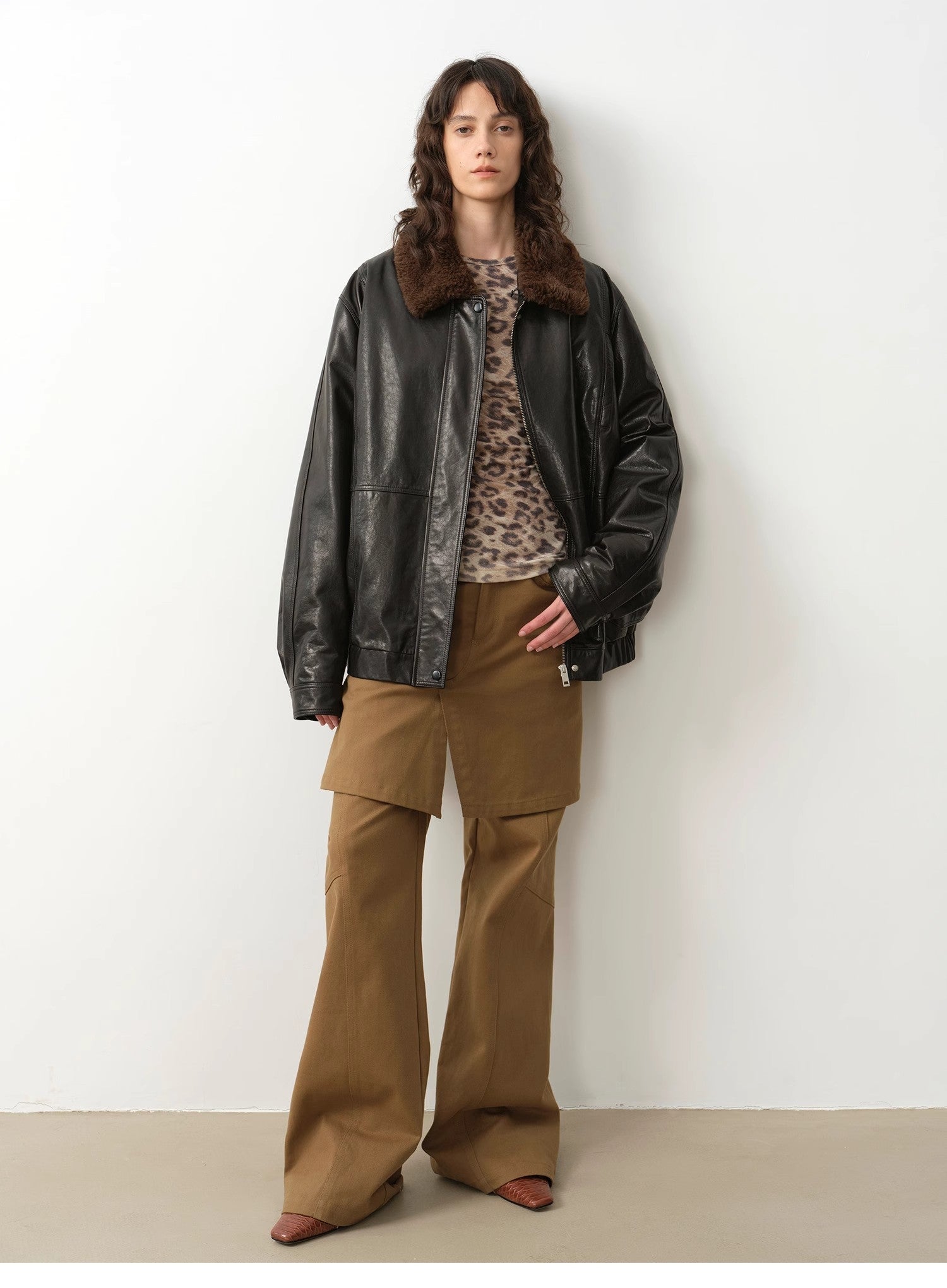 Brown Coeus retro split design fake two-piece twill brushed jacket with culotte declaration style, featuring a vintage-inspired look.