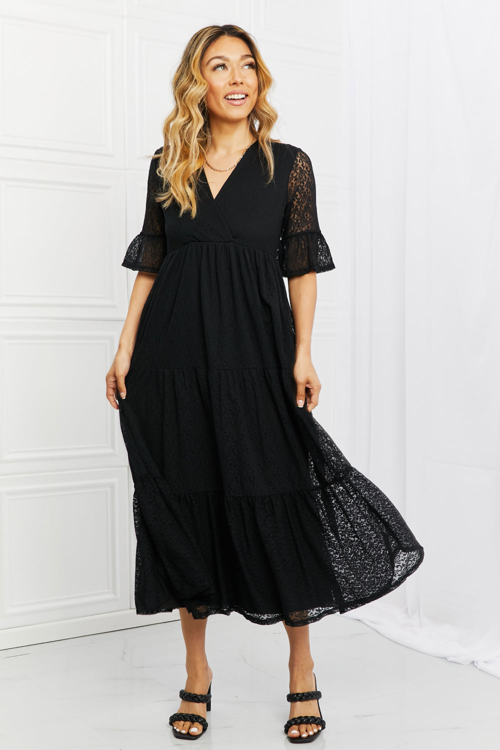 Pear Daisy P &amp; Rose Lovely Lace full-size tiered dress, featuring intricate lace details and a flowing design.