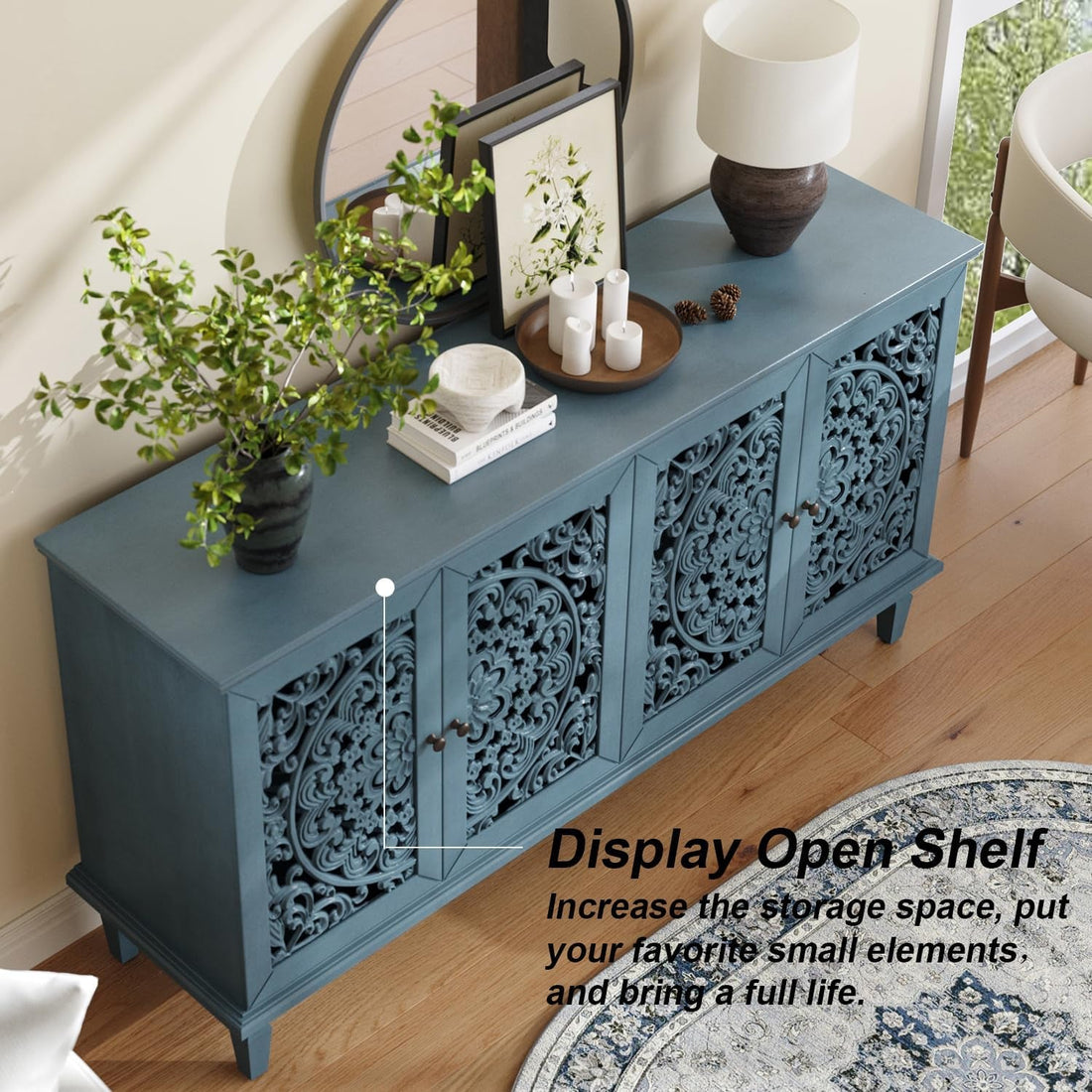 Vintage Sixty Inch Hollow Carved Console Sideboard