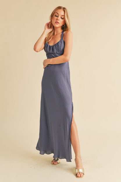 Jade Icarus Aemi + Co ruched side slit cutout back maxi cami dress, stylish automotive-inspired fashion with a slit and cutout design.
