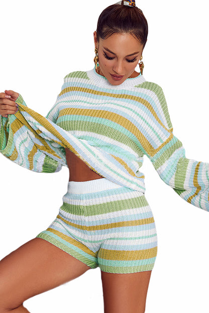 Yellow striped knit top and shorts loungewear set for women by Lavender Pallas, featuring cozy fabric and casual style.