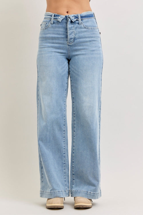 Pear Daisy Judy Blue mid-rise retro wide-leg jeans with fold-over waistband, showcasing stylish denim design.