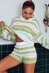 Yellow striped knit top and shorts loungewear set for women by Lavender Pallas, featuring cozy, casual knit fabric and relaxed fit.