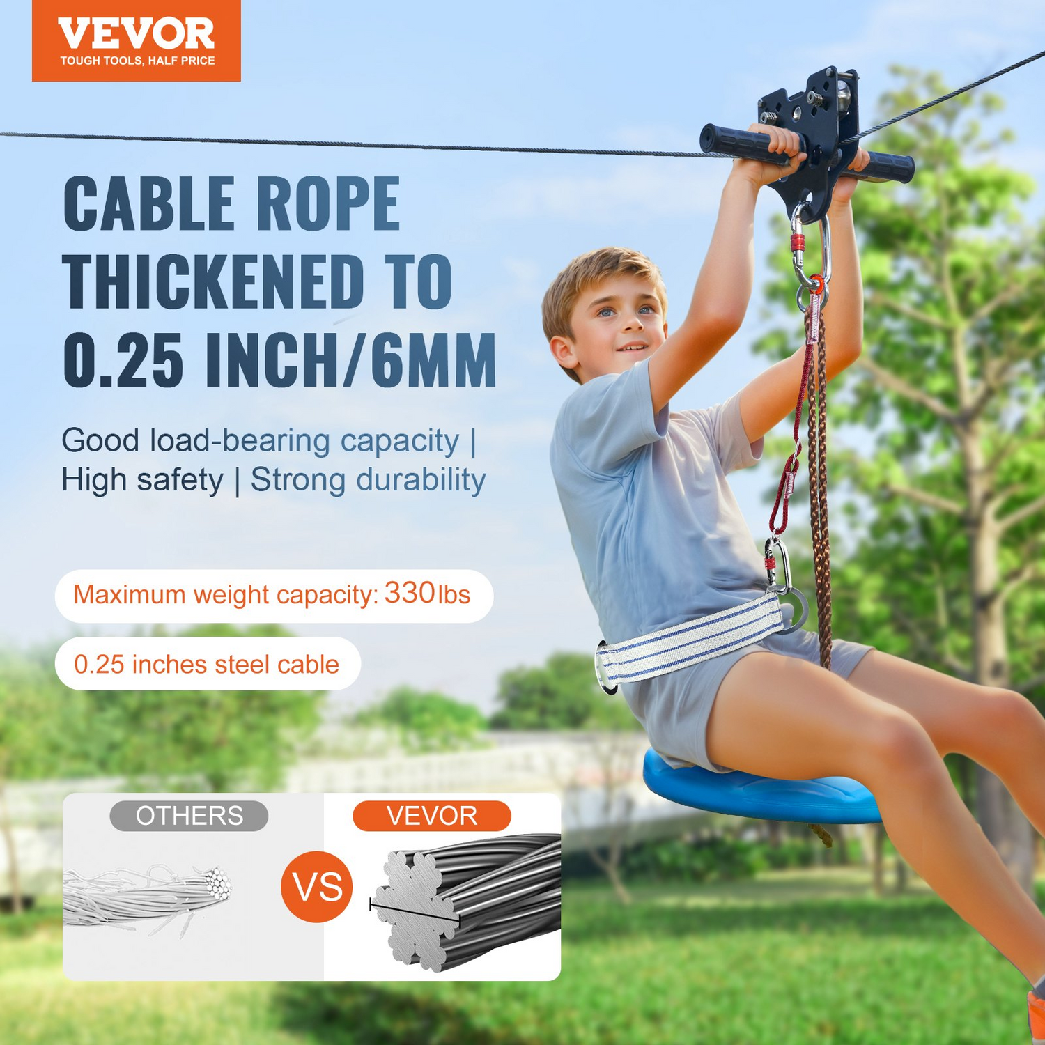 Start2Finish VEVOR outdoor zipline kit with stainless steel cable, safety harness, seat, and spring brake for kids and adults in backyard.