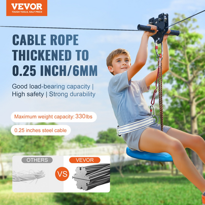 Start2Finish VEVOR outdoor zipline kit with stainless steel cable, safety harness, seat, and spring brake for kids and adults in backyard.