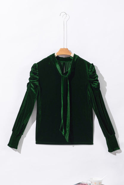 Blackish green velvet puff sleeve mock neck blouse by Carmine Juneberry, shown with stylish puffed sleeves and a fitted mock neckline.