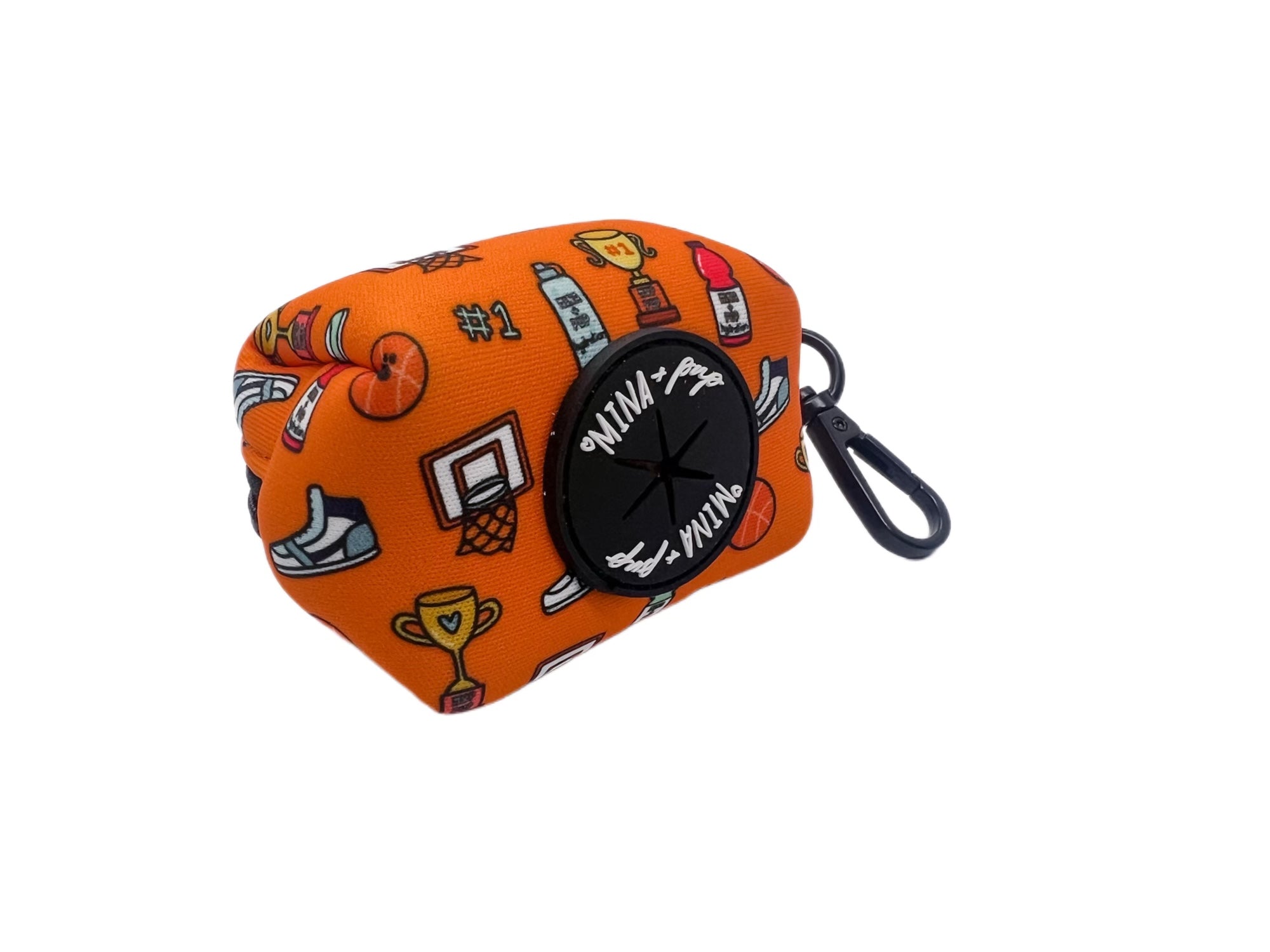 Carmine Phanes Got Game? basketball-themed poop bag holder attached to a leash for dog walks, featuring a sporty basketball design.