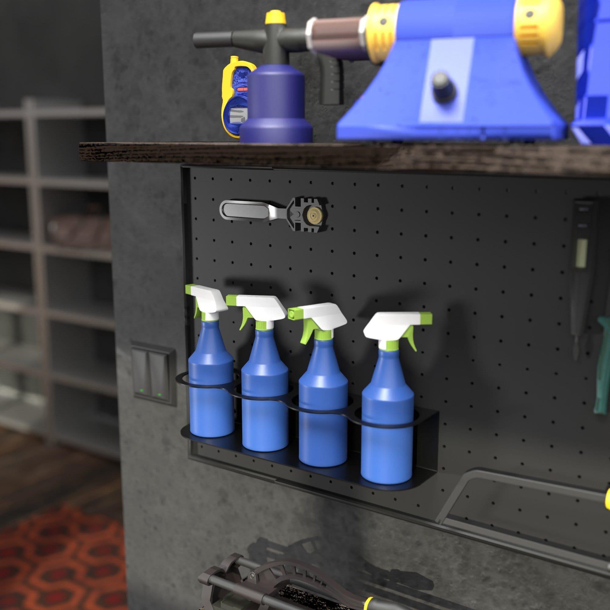 Crimson Astraeus spray bottle holder for 5 bottles, organized on a wall with clear labels and secure slots for each spray bottle.