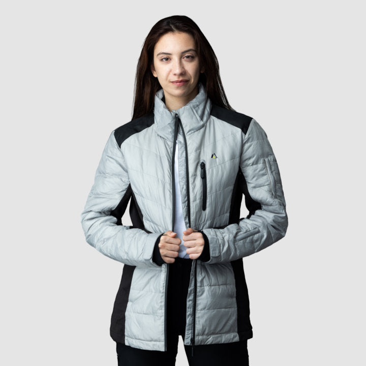 Gray EcoDown jacket for women by Rose Hemera, stylish activewear with a lightweight, insulated design for outdoor activities.