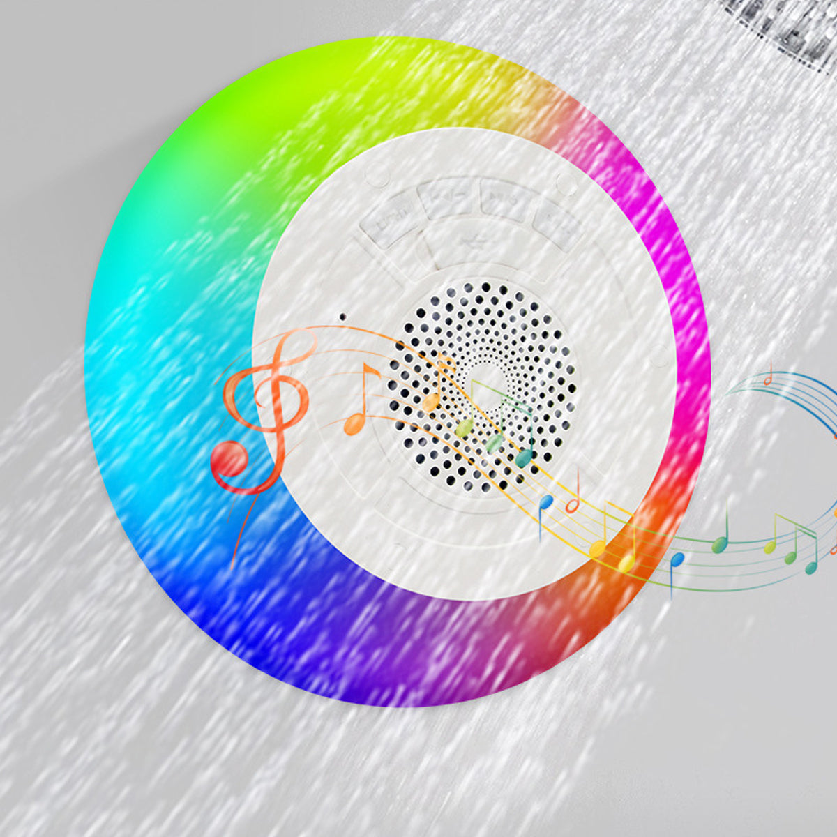 Salmon Lucky Floatilla Bluetooth waterproof LED speaker floating in pool, portable tech accessory with colorful LED lights.