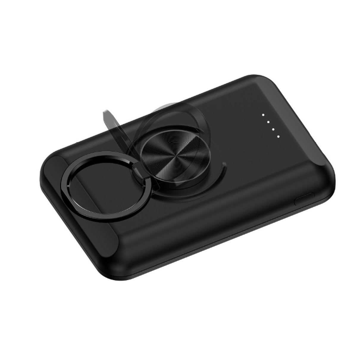 Salmon Lucky wireless magnetic charger and power bank for iPhone 12, showing the sleek black device with magnetic connection on a table.