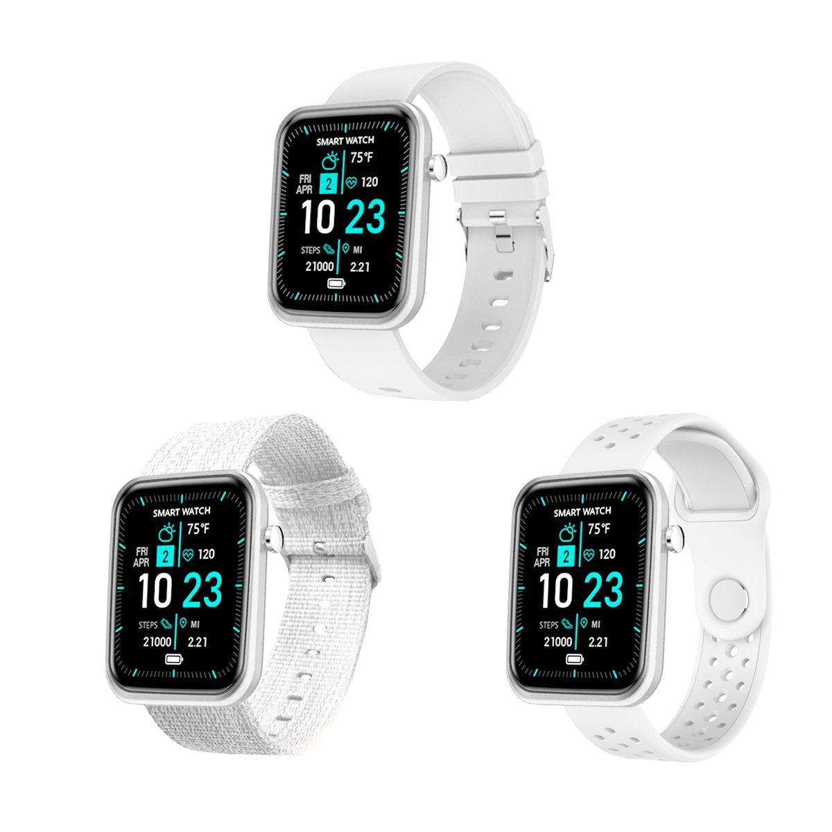 Salmon Lucky advanced smartwatch with three interchangeable bands and wellness activity tracker on a display screen.