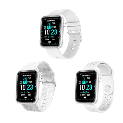 Salmon Lucky advanced smartwatch with three interchangeable bands and wellness activity tracker on a display screen.