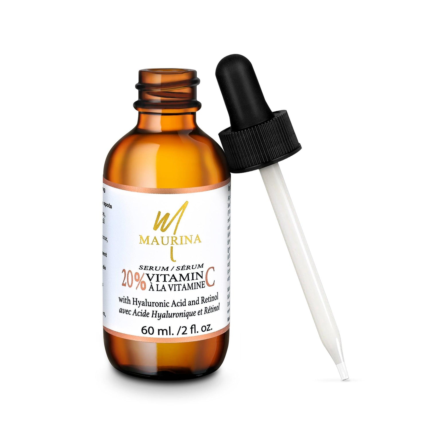 Orchid Zeus face serum bottle featuring 20% Vitamin C, hyaluronic acid, and retinol for skincare benefits.