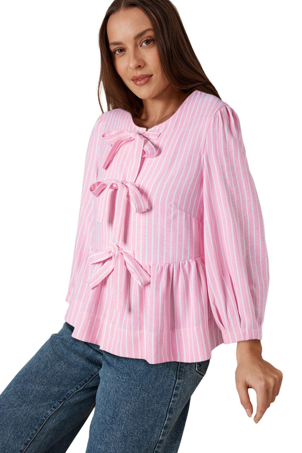 Pink stripe bowknot front blouse with puff sleeves, crew neck, from Carmine Juneberry, stylish tops and blouses.