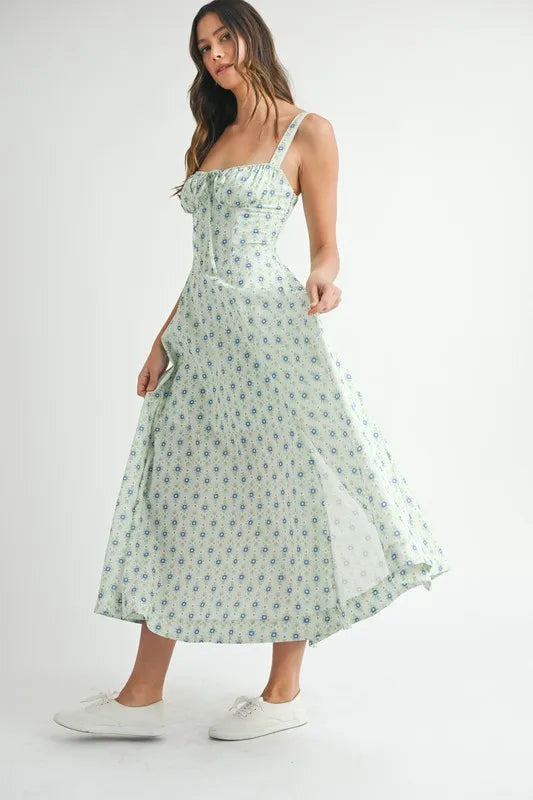 Pear Daisy floral print bustier back lace-up midi dress, perfect for summer home gatherings, showcasing vibrant floral patterns.