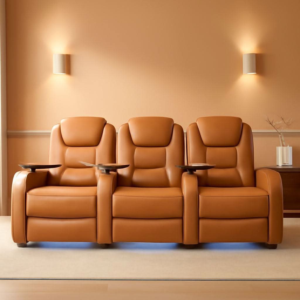 Orange Top Grain Leather Home Theater Seating Row Of Three USB Charger