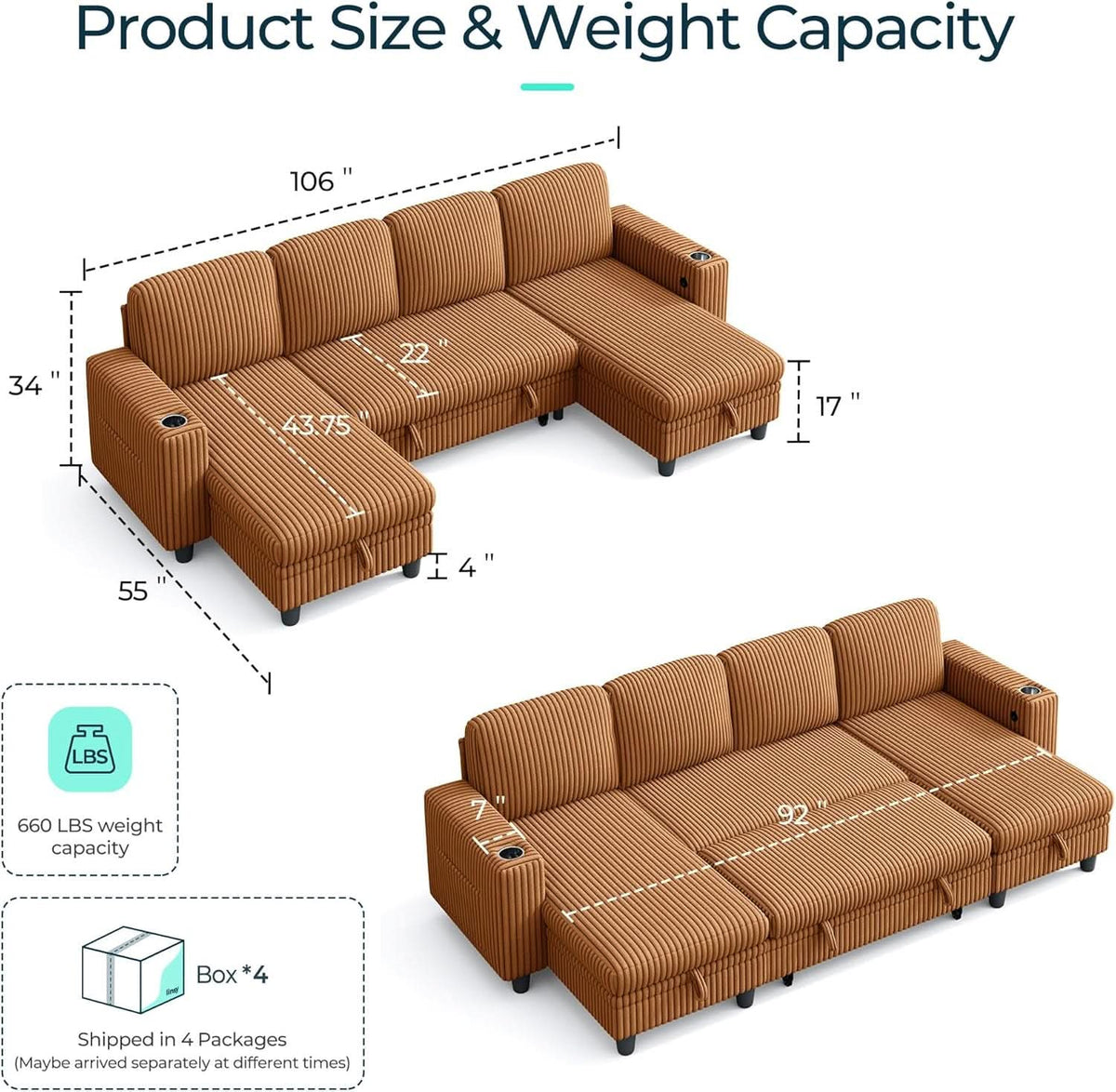 Brown UShaped Convertible Sectional Sofa Bed USBPort