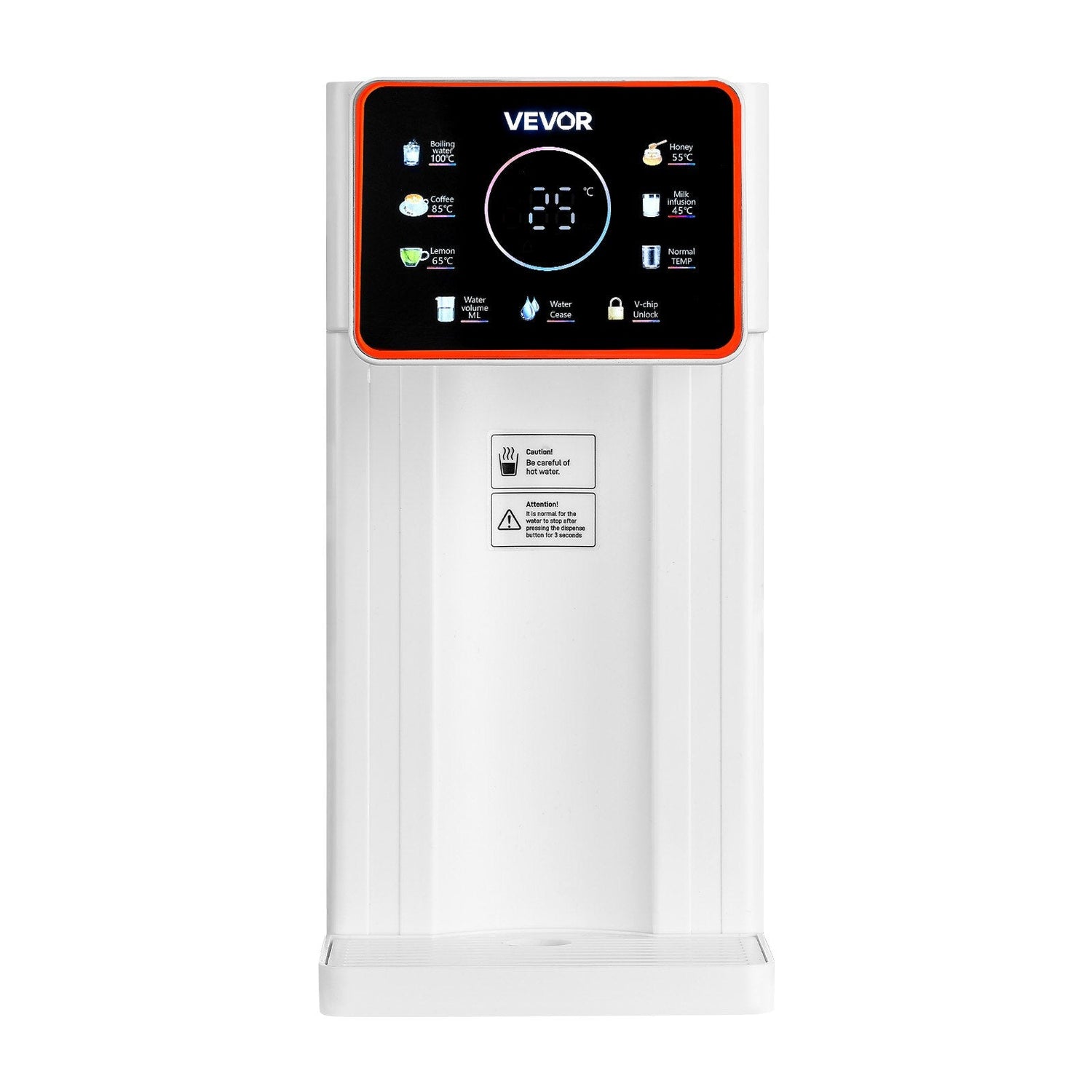 Pear Daisy countertop hot water dispenser with 6 temperature settings and 7 volume options, 101oz capacity, in a home kitchen setting.