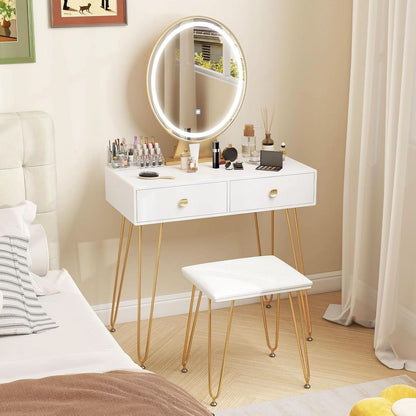 Makeup Vanity Desk White Goldtone Illuminating Mirror