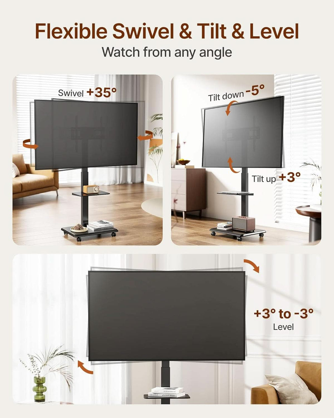 Rolling TV Stand Thirty Two To Seventy Five Inches Hidden Wire Management