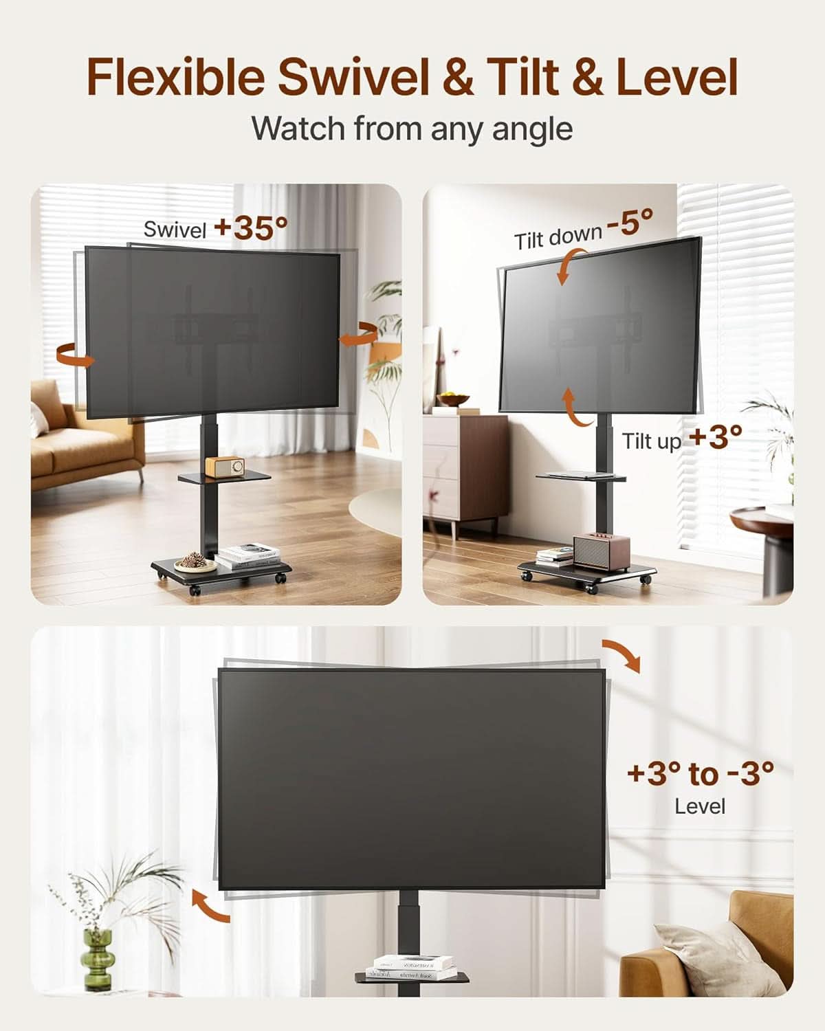Rolling TV Stand Thirty Two To Seventy Five Inches Hidden Wire Management