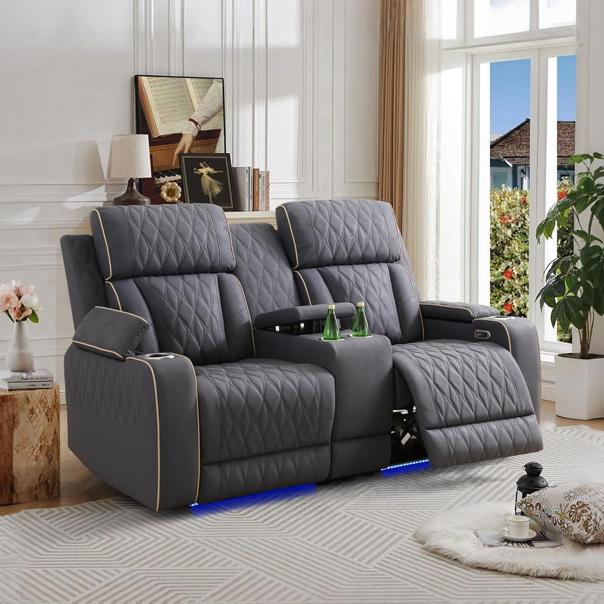 Premium Full-Grain Leather Power Recliner Sofa Blue-Gray