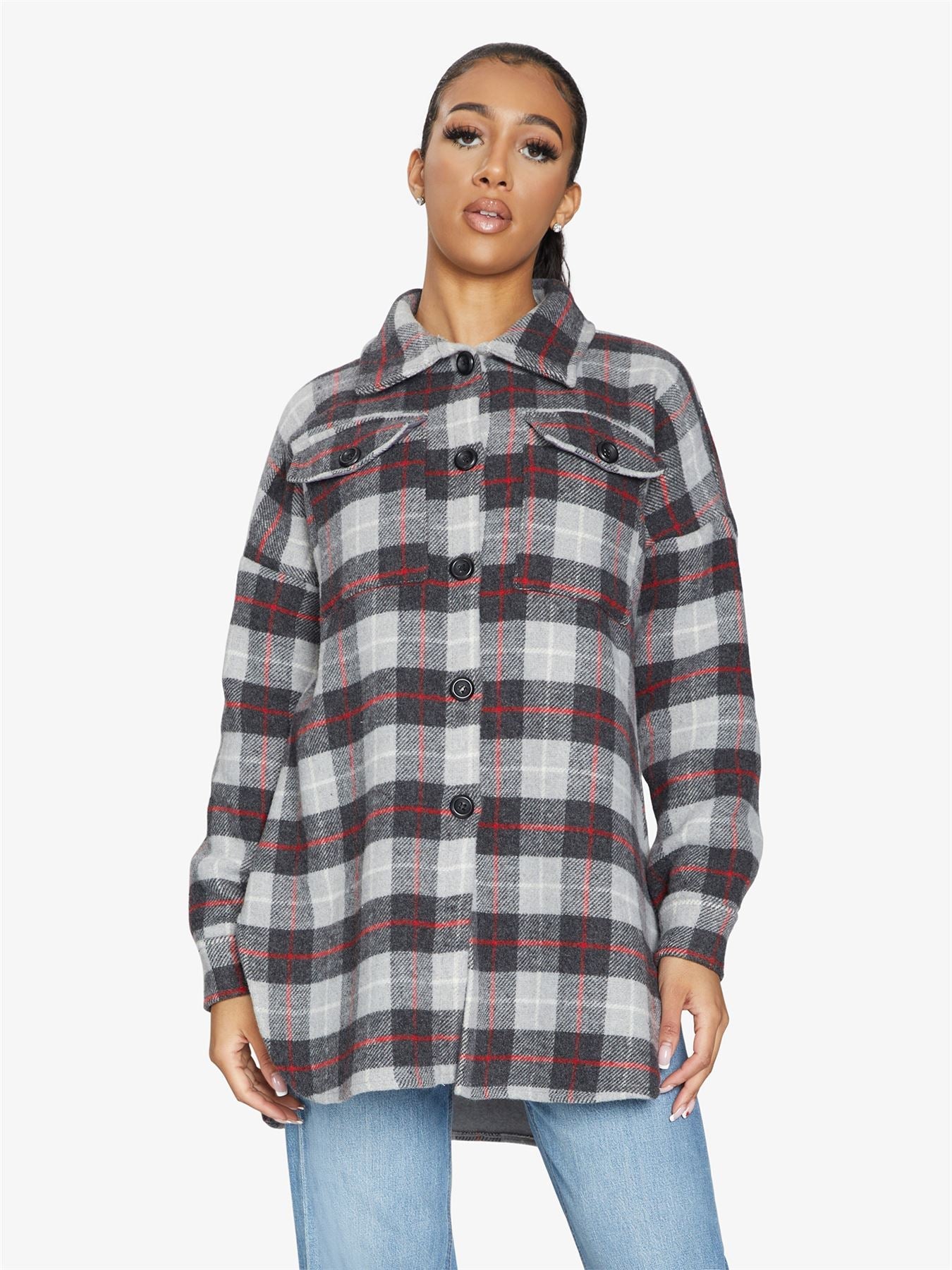 Oversized Nova Check Wool Blend Shacket by Rose Eleusis, featuring a plaid pattern, button front, and relaxed fit, suitable for layering.