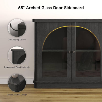 63Inch Black Sideboard Buffet Cabinet Glass Doors Modern