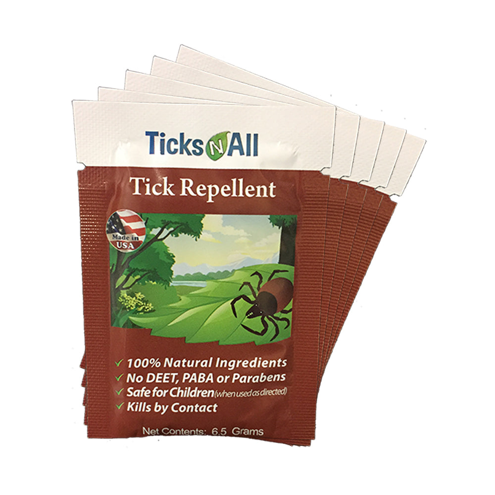 All Natural Tick Repellent Wipes by Orchid Blackhaw, 5-count pack, showing outdoor use and natural ingredients for pest prevention.