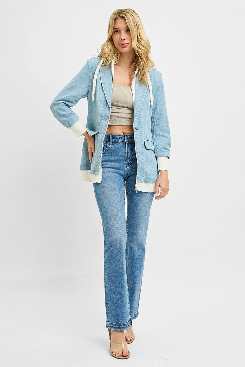 Start2Finish RISEN one-button blazer with hoodie, stylish jacket featuring a sleek design and comfortable fit.