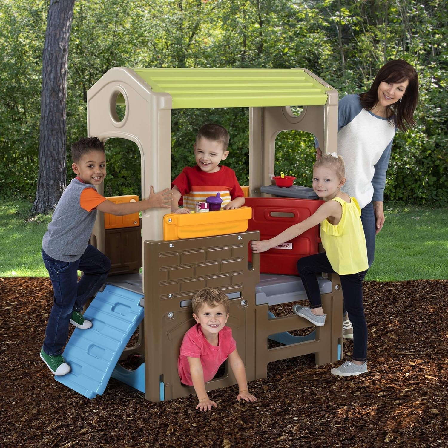 Peach Maple Discovery Playhouse for Kids, indoor outdoor climbing furniture with colorful design and sturdy structure.