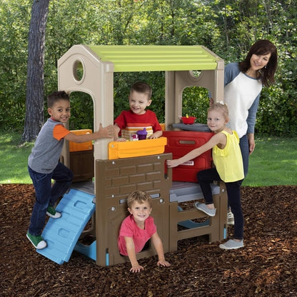 Peach Maple Discovery Playhouse for Kids, indoor outdoor climbing furniture with colorful structure and playful design.