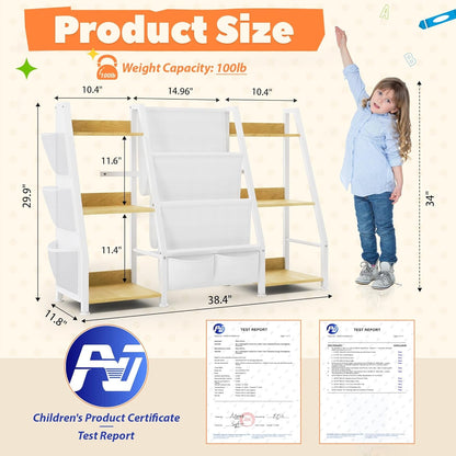 Three-tier kids bookshelf and toy organizer in burlywood wood by Peach Maple, featuring open shelves for books and toys.