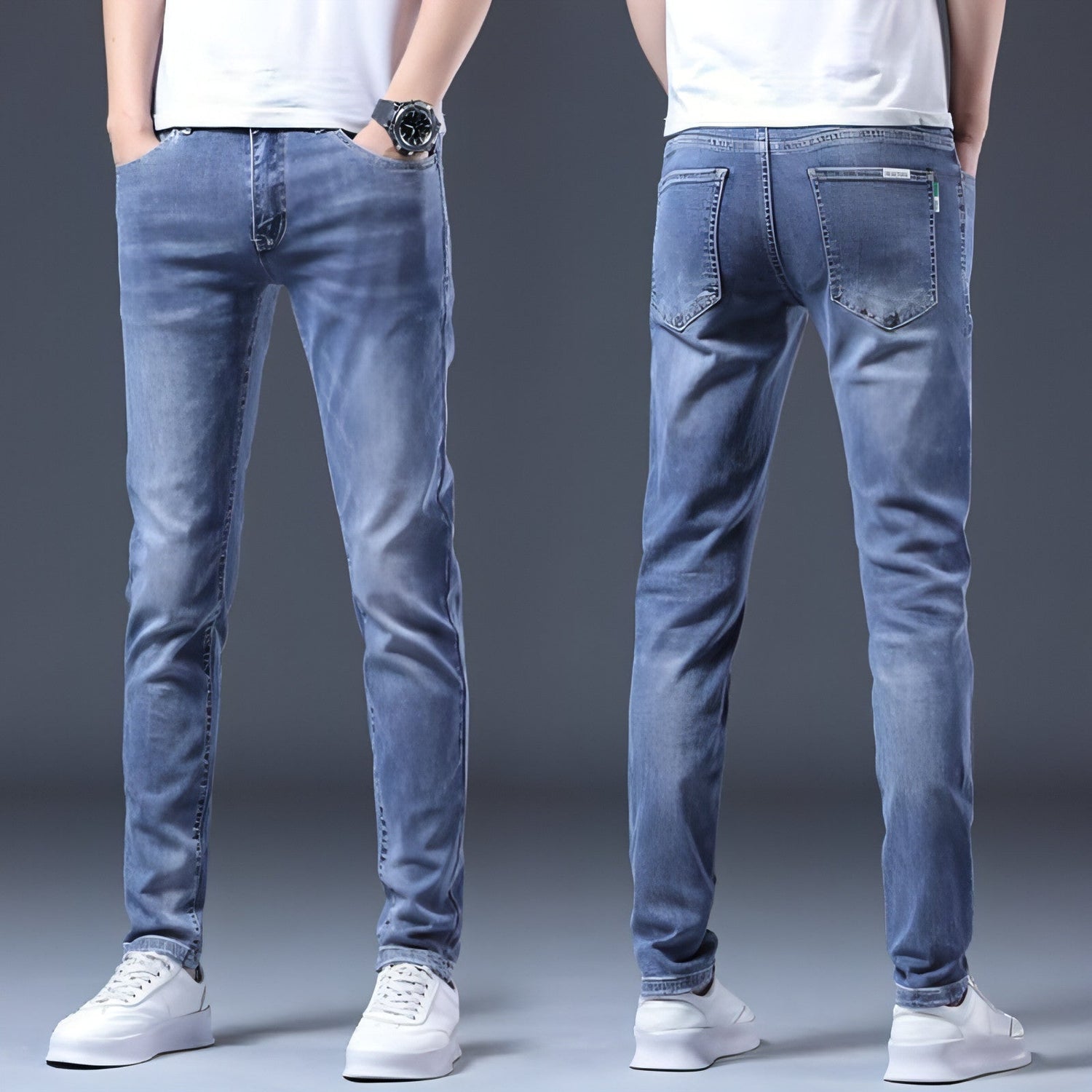 Carmine Juneberry UrbanEase™ blue jeans for men, stylish denim pants with classic fit and stitching details.