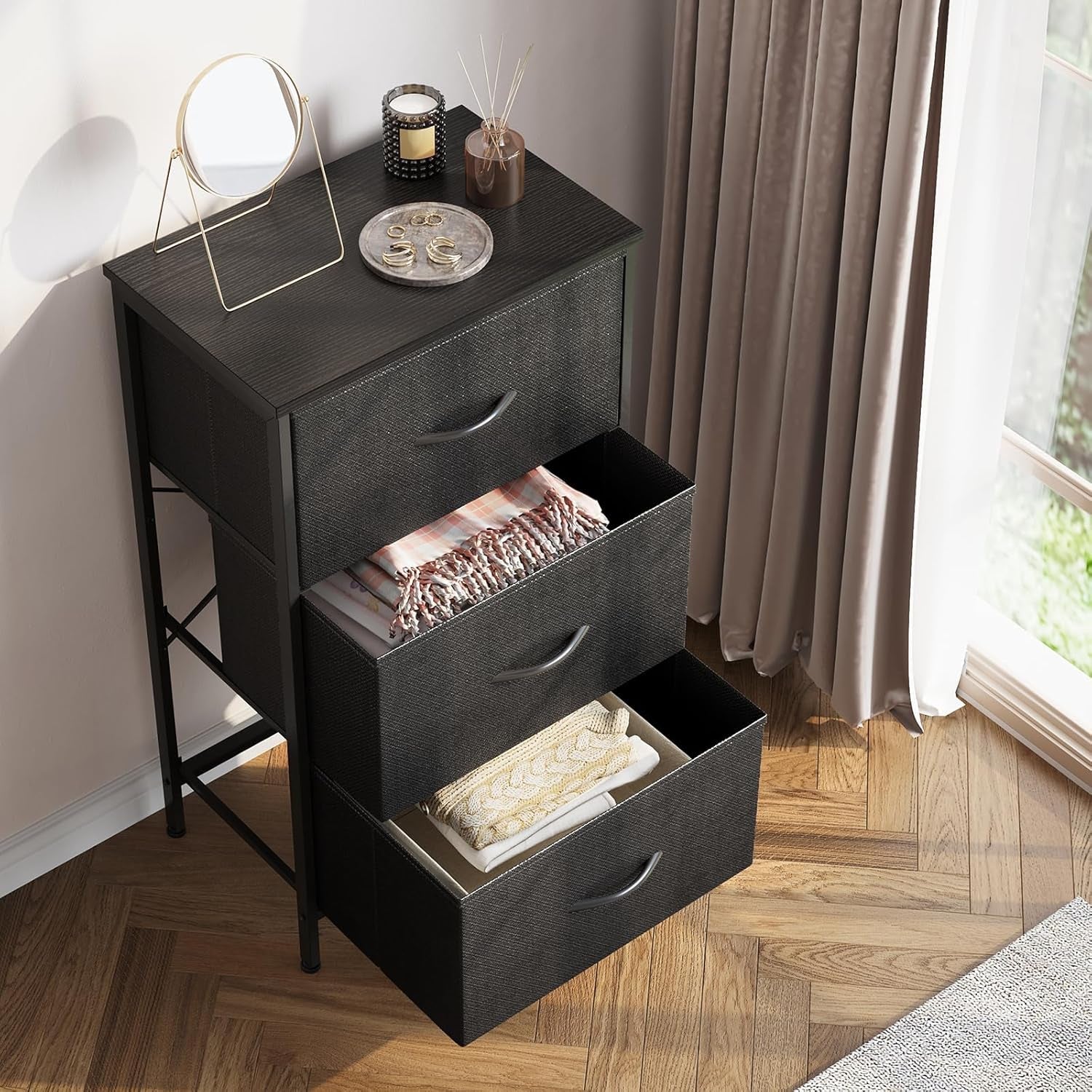 Black Peach Maple 3-drawer nightstand dresser, compact bedroom furniture with sleek design and functional storage drawers.