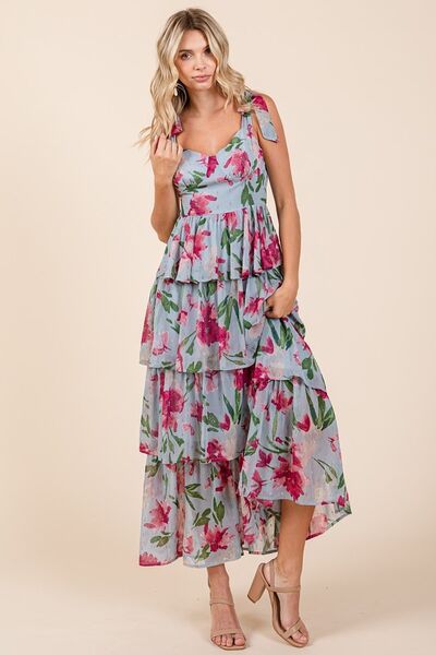 Jade Icarus Mittoshop layered floral sweetheart neck maxi dress for women, featuring a flowing design with a floral pattern.